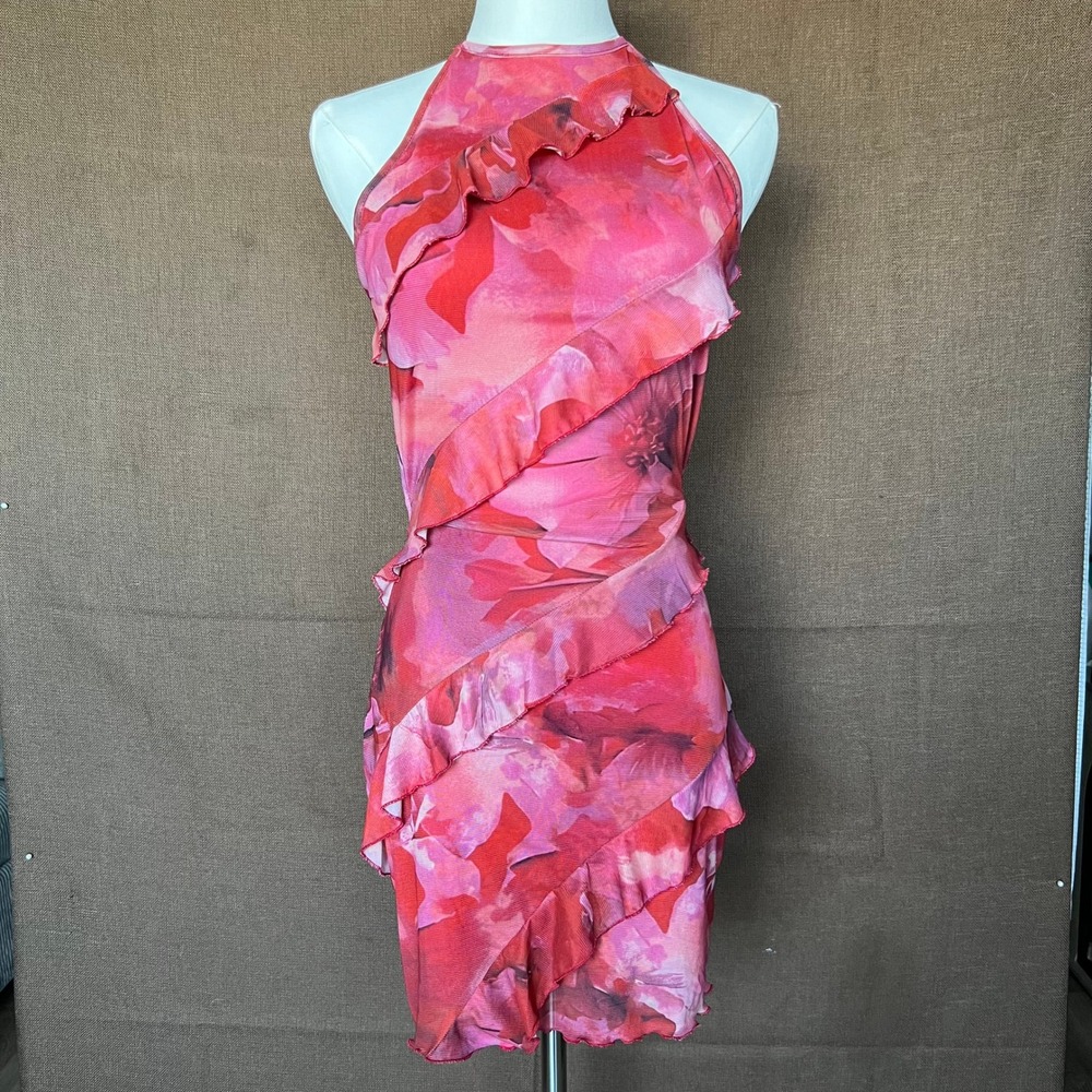 Y2K Pink Halter Mini Dress Floral Mesh Ruffle Open Back Bodycon Small Tropical